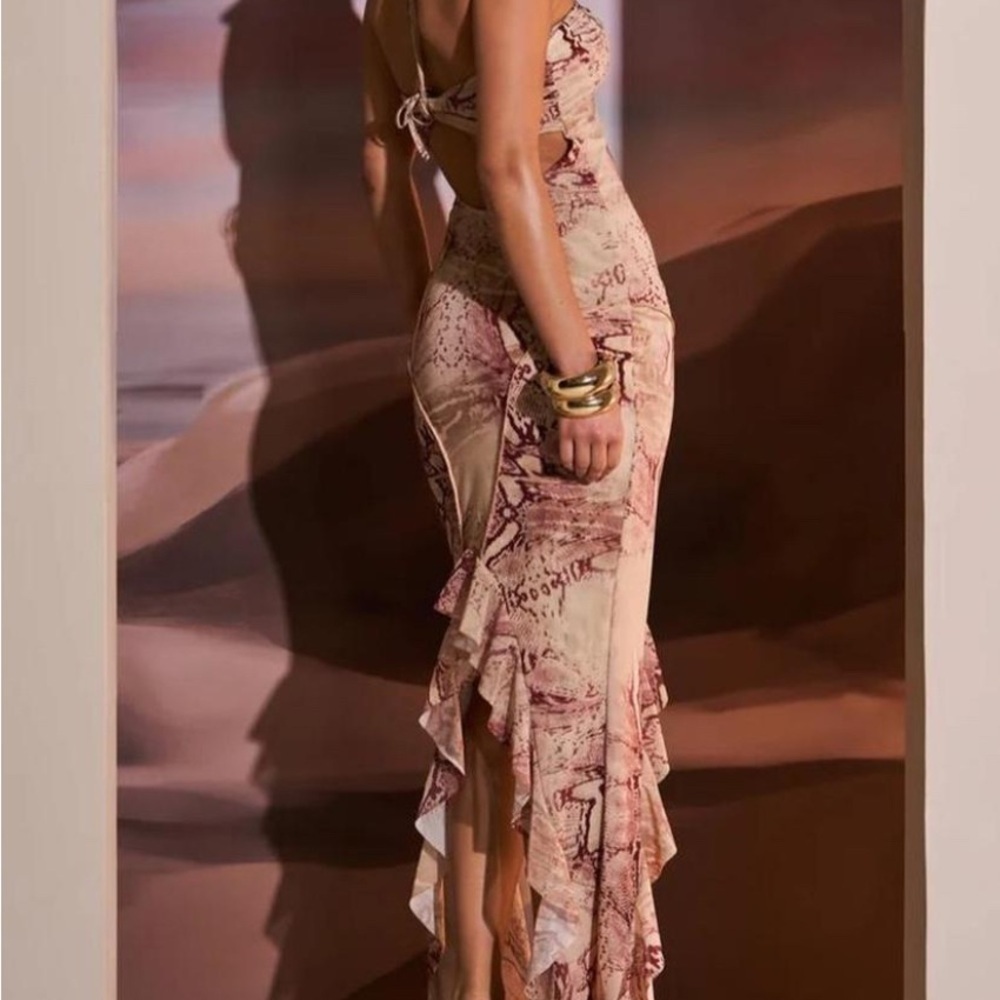 MURCI Mesh Halterneck Cut Out High Low Maxi Dress In Snake Print Sexy Club Sz 8 - Picture 2 of 12